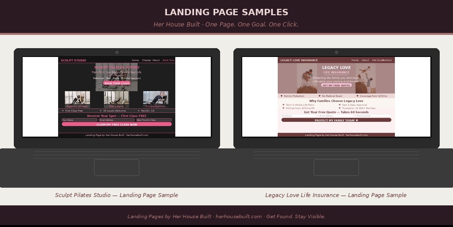 Landing page samples — Sculpt Pilates Studio and Legacy Love Life Insurance